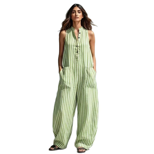Fashionable Loose V-Neck Long Striped Jumpsuit