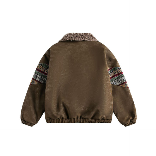 Thermal Cotton-Padded Jacket With Spliced PU Leather And Lambswool Lining