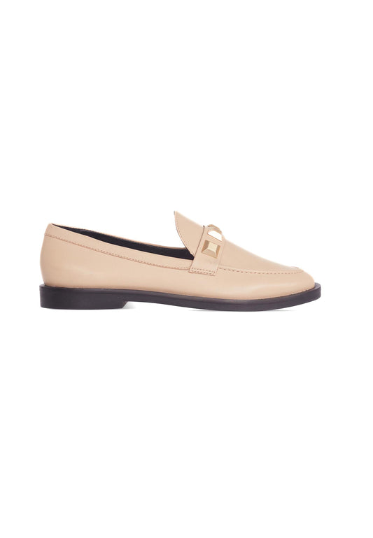 Beige Calf Leather Loafers – Elegant Women’s Flat Shoes With Metal Stud Detail