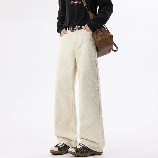 Casual Straight Leg Jeans for Men, White Checkered Denim Pants