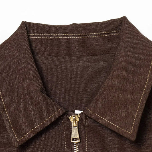 Collar zipper long sleeved flip pocket short jacket