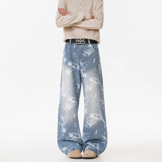 Deep Blue Denim Pants Men's Streetwear Style Flared Knife Cut Trousers
