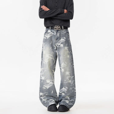 Deep Blue Denim Pants Men's Streetwear Style Flared Knife Cut Trousers