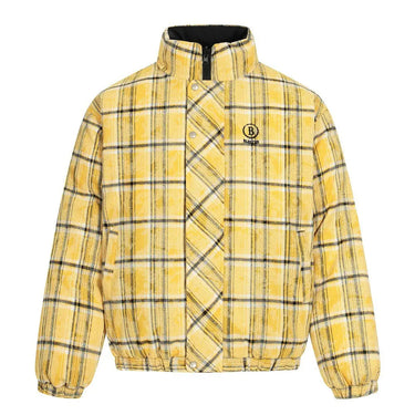 Double sided plaid stand up collar cotton jacket