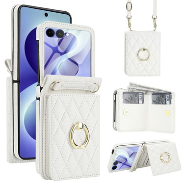 Integrated Rhombic Texture Ring RFID Card Bag Phone Case with Long Lanyard, For Galaxy Z Flip8 5G, For Samsung Galaxy Z Flip7 5G, For Samsung Galaxy Z Flip6 5G