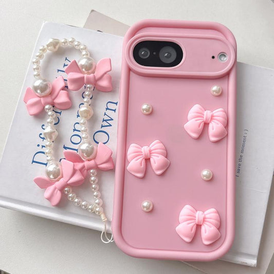 Soft Silicone 3D Bowknot Pearl Phone Case with Beaded Wrist Strap, For Google Pixel 7 5G