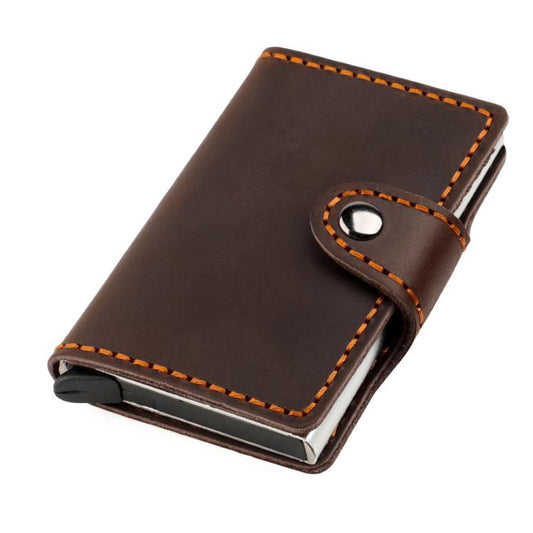 Crazy Horse Genuine Leather Auto Pop-up Aluminum Box RFID Anti-magnetic Card Holder