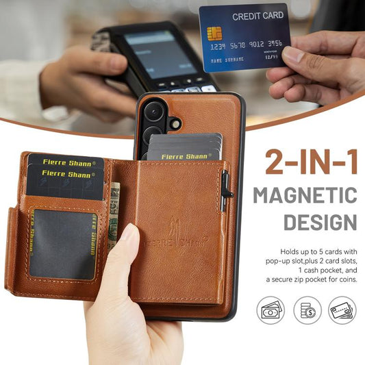 Fierre Shann Oil Wax Vegan Leather Magnetic Card Holder Back Phone Case, For Galaxy S26+ 5G, For Galaxy S26 Ultra 5G, For Galaxy S26 5G, For Galaxy S25 FE 5G
