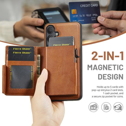 Fierre Shann Oil Wax Vegan Leather Magnetic Card Holder Back Phone Case, For Galaxy S23 FE 5G, For Galaxy S23 Ultra 5G, For Galaxy S23+ 5G, For Galaxy S23 5G