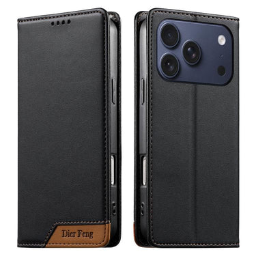 Dierfeng Splicing Strong Magnetic RFID Vegan Leather Phone Case, For iPhone 17e / 16e, For iPhone 17 Pro Max, For iPhone 17 Pro, For iPhone 17