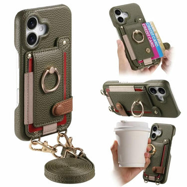 Litchi Texture Card Bag Ring Holder Vegan Leather + PC Phone Case with Shoulder Strap, For iPhone 17, For iPhone Air, For iPhone 16 Pro Max