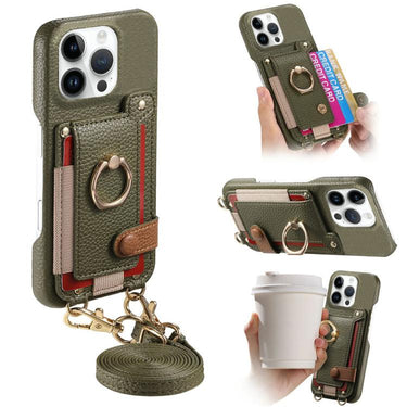 Litchi Texture Card Bag Ring Holder Vegan Leather + PC Phone Case with Shoulder Strap, For iPhone 16 Pro, For iPhone 16 Plus, For iPhone 16