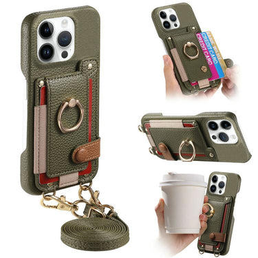 Litchi Texture Card Bag Ring Holder Vegan Leather + PC Phone Case with Shoulder Strap, For iPhone 15 Pro Max, For iPhone 15 Pro, For iPhone 15 Plus