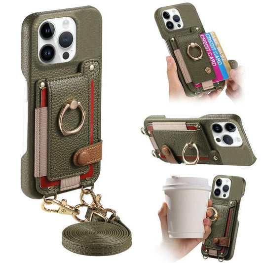 Litchi Texture Card Bag Ring Holder Vegan Leather + PC Phone Case with Shoulder Strap, For iPhone 15 Pro Max, For iPhone 15 Pro, For iPhone 15 Plus