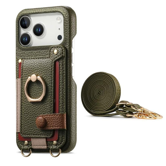 Litchi Texture Card Bag Ring Holder Vegan Leather + PC Phone Case with Shoulder Strap, For iPhone 15 Pro Max, For iPhone 15 Pro, For iPhone 15 Plus