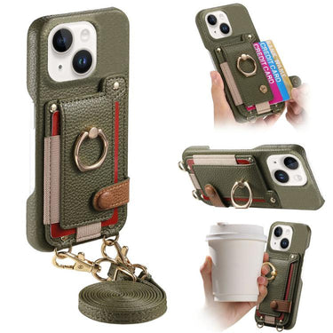 Litchi Texture Card Bag Ring Holder Vegan Leather + PC Phone Case with Shoulder Strap, For iPhone 15, For iPhone 14 Plus, For iPhone 14