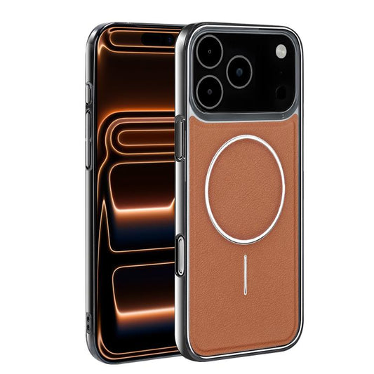 Electroplated Frame Vegan Leather Magnetic Shockproof Phone Case, For iPhone 17 Pro Max, For iPhone 17 Pro, For iPhone 17, For iPhone 16 Pro Max
