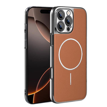 Electroplated Frame Vegan Leather Magnetic Shockproof Phone Case, For iPhone 16 Pro, For iPhone 16 Plus, For iPhone 16, For iPhone 15 Pro Max