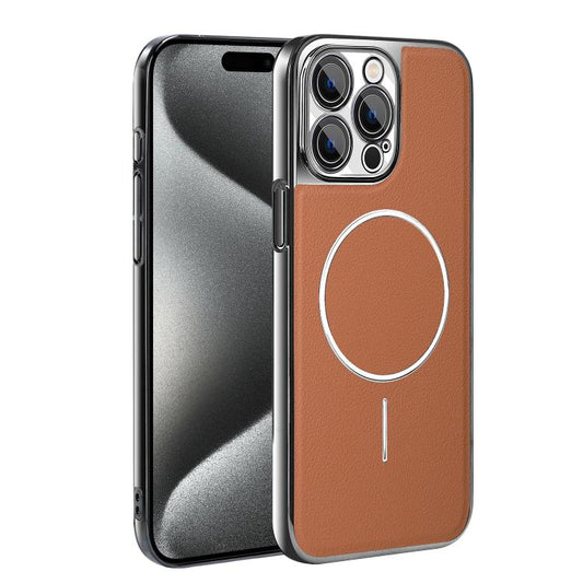 Electroplated Frame Vegan Leather Magnetic Shockproof Phone Case, For iPhone 15 Pro, For iPhone 15 Plus, For iPhone 15, For iPhone 14 Plus