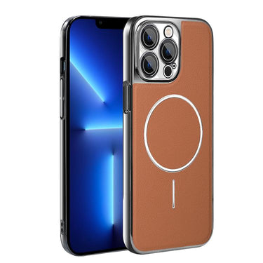 Electroplated Frame Vegan Leather Magnetic Shockproof Phone Case, For iPhone 13 Pro, For iPhone 13, For iPhone 12, For iPhone 12 Pro Max