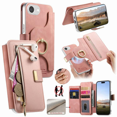 Precision Hole Silver-Edged Ring RFID Blocking Zipper Wallet Magnetic Vegan Leather Phone Case, For iPhone 16 Plus, For iPhone 16, For iPhone 15 Pro Max