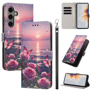 Painted Pattern Vegan Leather Phone Case with Strap, For Galaxy S25 FE 5G, For Galaxy S25 Edge 5G, For Galaxy S24 5G / S25 5G