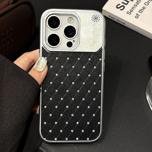 Electroplating PC Grid Texture Vegan Leather Phone Case, For iPhone 14 Pro, For iPhone 14 Pro Max