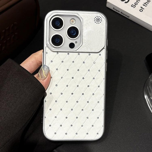 Electroplating PC Grid Texture Vegan Leather Phone Case, For iPhone 14 Pro, For iPhone 14 Pro Max