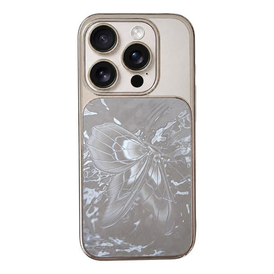 Butterfly Pattern Electroplated PC + Glass Phone Case, For iPhone 16 Pro, For iPhone 16, For iPhone 15 Pro Max, For iPhone 15 Pro
