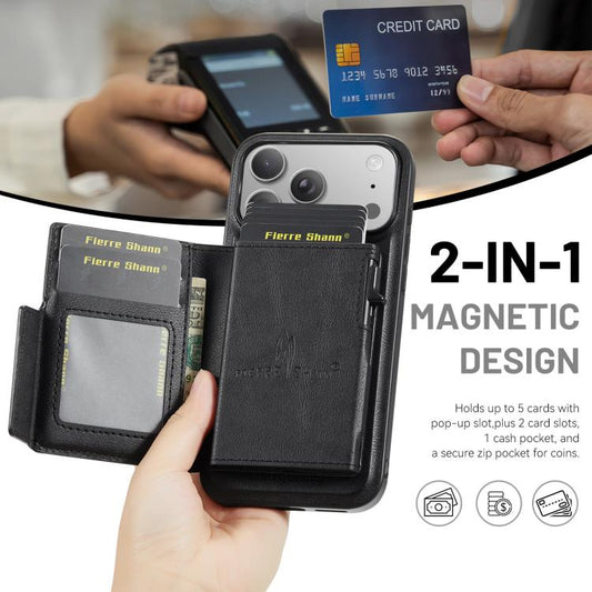 Fierre Shann Oil Wax Vegan Leather Magnetic Card Holder Back Phone Case, For iPhone 17e / 16e, For iPhone 17 Pro Max, For iPhone 17 Pro, For iPhone 17