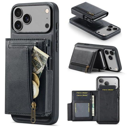Fierre Shann Oil Wax Vegan Leather Magnetic Card Holder Back Phone Case, For iPhone 17e / 16e, For iPhone 17 Pro Max, For iPhone 17 Pro, For iPhone 17