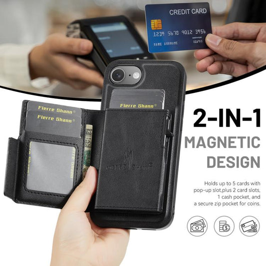 Fierre Shann Oil Wax Vegan Leather Magnetic Card Holder Back Phone Case, For iPhone 17e / 16e, For iPhone 17 Pro Max, For iPhone 17 Pro, For iPhone 17