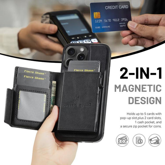 Fierre Shann Oil Wax Vegan Leather Magnetic Card Holder Back Phone Case, For iPhone 13 Pro Max, For iPhone 13 Pro, For iPhone 12 / 12 Pro, For iPhone 12 Pro Max