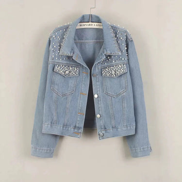 Fashion nail bead short denim jacket women's pearl diamond plus size jacket top