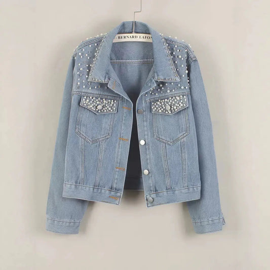 Fashion nail bead short denim jacket women's pearl diamond plus size jacket top