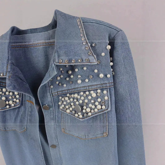 Fashion nail bead short denim jacket women's pearl diamond plus size jacket top