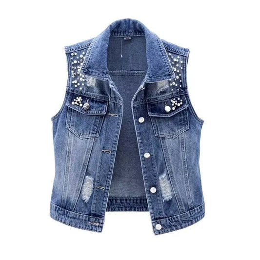 Fashionable Washed Denim Vest for Women with Distressed Patches and Beaded Details, Sleeveless Jacket Versatile Outerwear