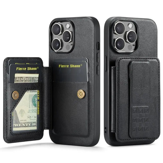Fierre Shann Oil Wax Cow Leather Card Holder Back Phone Case, For iPhone 12 / 12 Pro, For iPhone 12 Pro Max