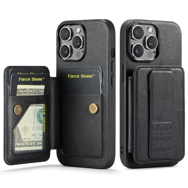 Fierre Shann Oil Wax Cow Leather Card Holder Back Phone Case, For iPhone 14 Pro Max, For iPhone 13 Pro Max, For iPhone 13 Pro, For iPhone 13