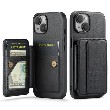 Fierre Shann Oil Wax Cow Leather Card Holder Back Phone Case, For iPhone 15, For iPhone 14 Plus, For iPhone 14, For iPhone 14 Pro