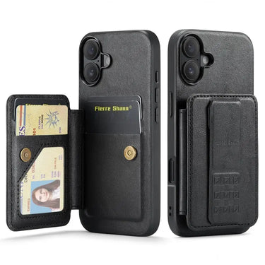 Fierre Shann Oil Wax Cow Leather Card Holder Back Phone Case, For iPhone 16, For iPhone 15 Pro Max, For iPhone 15 Pro, For iPhone 15 Plus