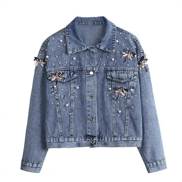 Five Dragonflies Beaded Loose Fit Long Sleeve Denim Jacket for Women