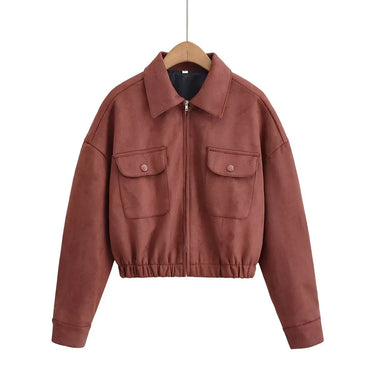 Flip collar pocket hem loose suede Women jacket