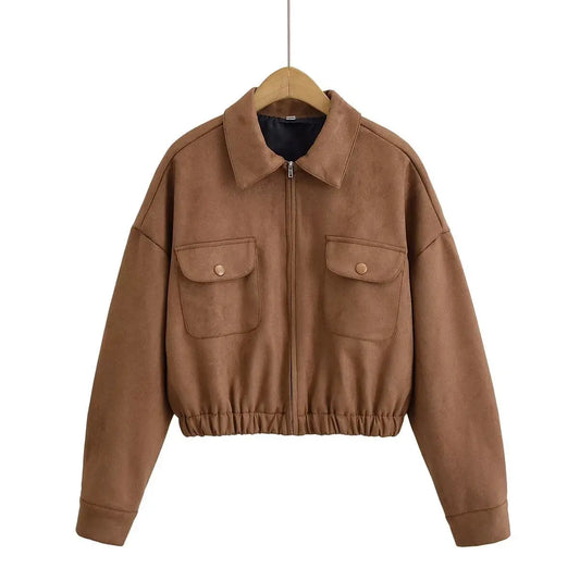 Flip collar pocket hem loose suede Women jacket