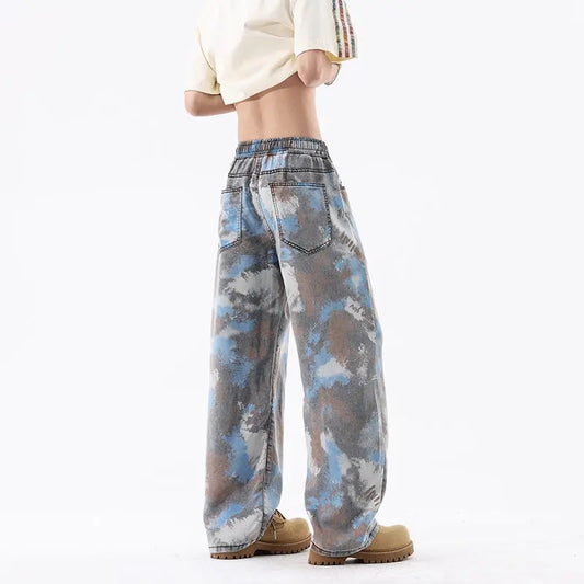INS Streetwear Loose Patterned Lyocell Ice Silk Jeans