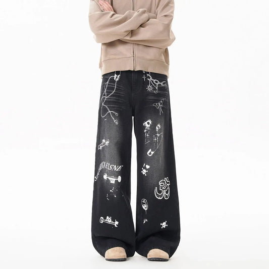 INS Vintage Graffiti Denim Pants