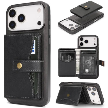 Kalebol Magnetic Button Card Bag MagSafe Ring Leather Phone Case, For iPhone 17 Pro Max, For iPhone 17 Pro, For iPhone 17, For iPhone Air