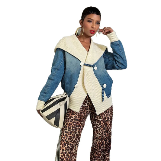 Knitted Patchwork Wide Turn-Down Collar Denim Jacket