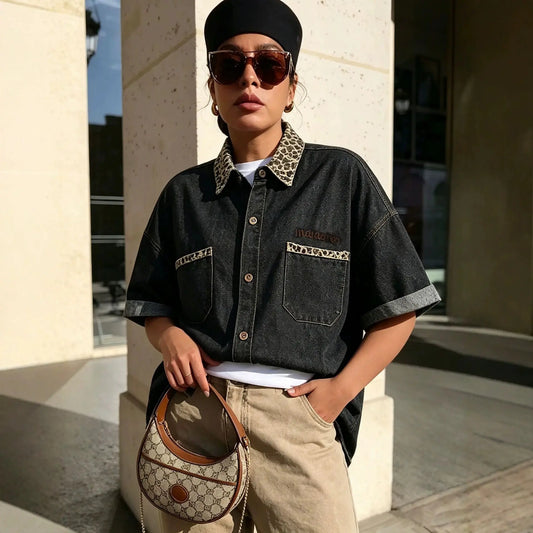 Leopard Print Patchwork Washed Denim Shirt with Half Sleeves