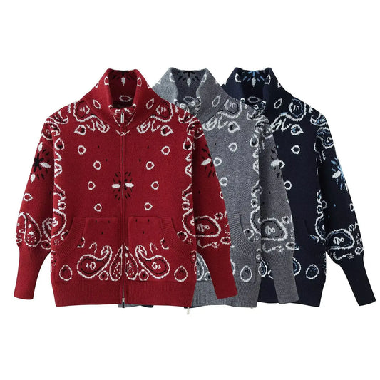 Loose high neck zipper embellished long sleeved cardigan sweater